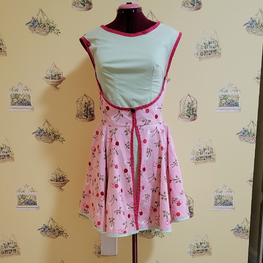 Pink & Green Sleeveless Cherry Sundress with Crew Neck